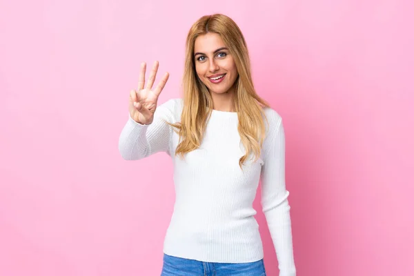 Junge Uruguayische Blonde Frau Vor Isoliertem Rosa Hintergrund Glücklich Und — Stockfoto