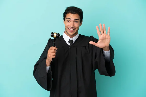 Judge Isolated Blue Background Counting Five Fingers — Foto Stock