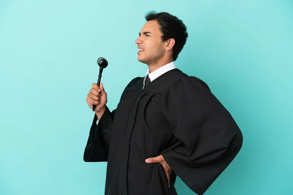 Judge Isolated Blue Background Suffering Backache Having Made Effort — Stock Photo, Image