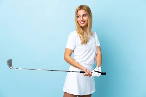 Young Uruguayan Blonde Woman Isolated Blue Background Playing Golf — Stock Photo, Image