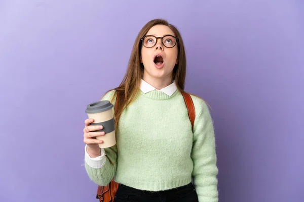 Adolescente Studente Ragazza Isolato Viola Sfondo Guardando Verso Alto Con — Foto Stock