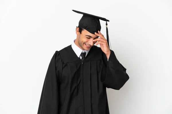 Jonge Universiteit Afgestudeerd Geïsoleerde Witte Achtergrond Lachen — Stockfoto