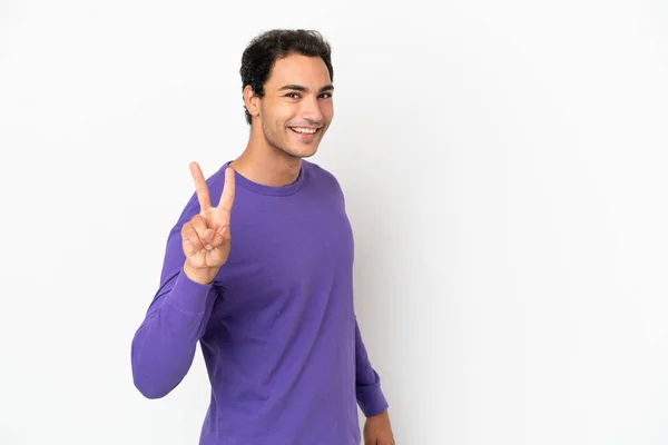 Caucasian Handsome Man Isolated White Background Smiling Showing Victory Sign — Stock fotografie