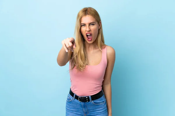 Young Uruguayan Blonde Woman Isolated Blue Background Frustrated Pointing Front — Stock Photo, Image