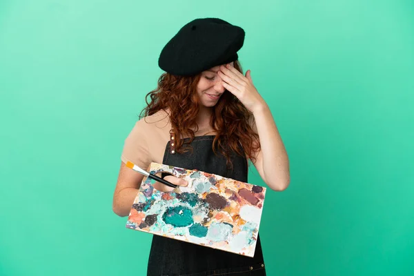 Teenager Redhead Artist Holding Palette Isolated Green Background Laughing — Stock Photo, Image