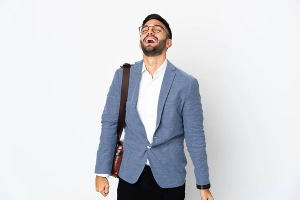 Jovem Homem Negócios Caucasiano Isolado Fundo Branco Rindo — Fotografia de Stock