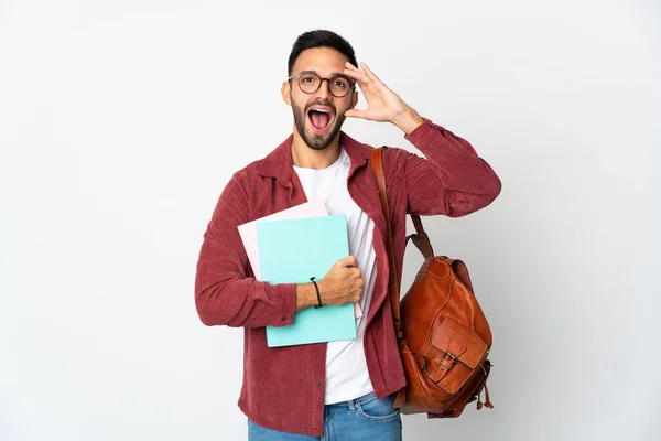 Joven Estudiante Aislado Sobre Fondo Blanco Con Expresión Sorpresa — Foto de Stock