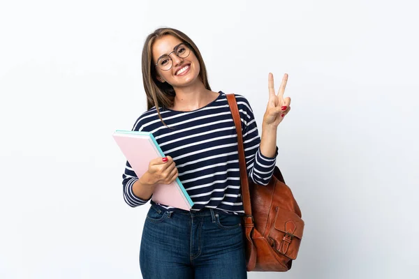 Jovem Estudante Mulher Isolada Fundo Branco Mostrando Sinal Vitória Com — Fotografia de Stock