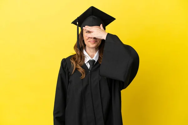 Middle Aged University Graduate Isolated Yellow Background Covering Eyes Hands — Stock Photo, Image