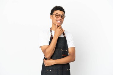 Restaurant African American waiter man isolated on white background with glasses and smiling