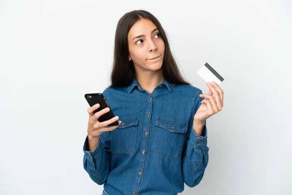Jong Frans Meisje Geïsoleerd Witte Achtergrond Kopen Met Mobiele Telefoon — Stockfoto