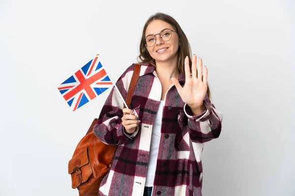 Young Lithuanian Woman Holding United Kingdom Flag Isolated White Background — Stock Photo, Image