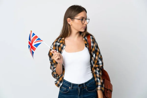 Young Lithuanian Woman Holding United Kingdom Flag Isolated White Background — Photo