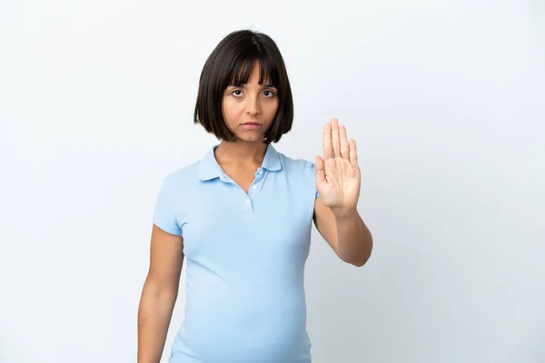 Pregnant Woman Isolated White Background Making Stop Gesture — Foto Stock