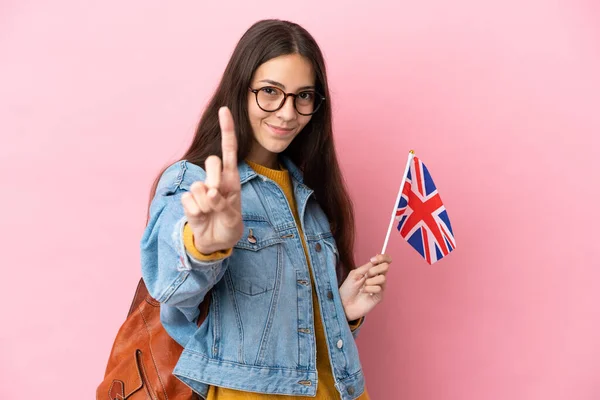 국기를 프랑스 소녀가 분홍색 배경에 고립된 손가락을 — 스톡 사진