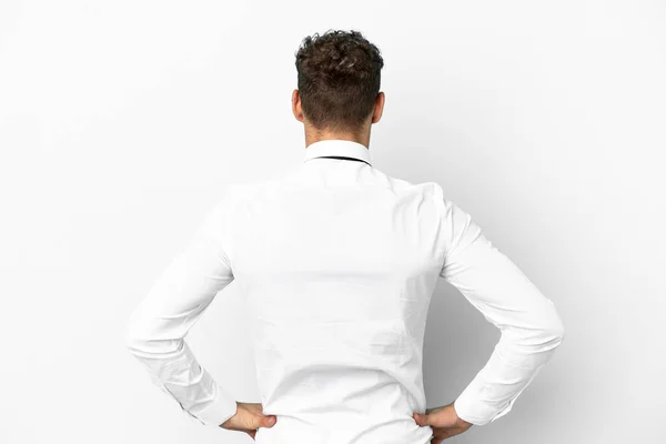 Zakelijke Blanke Man Geïsoleerd Witte Achtergrond Rug Positie — Stockfoto