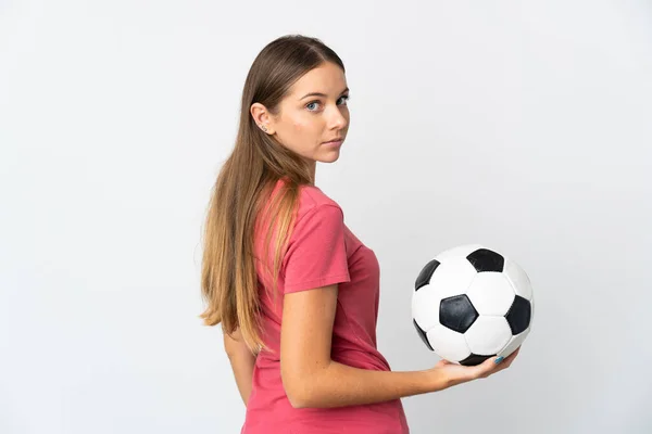 Jovem Lituana Mulher Isolada Fundo Branco Com Bola Futebol — Fotografia de Stock