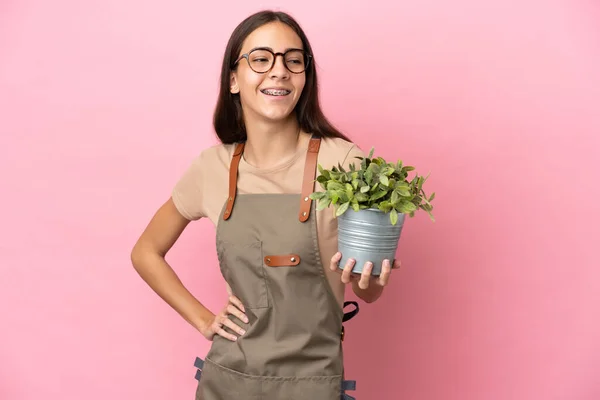 Jong Tuinier Meisje Met Een Plant Geïsoleerd Roze Achtergrond Poseren — Stockfoto