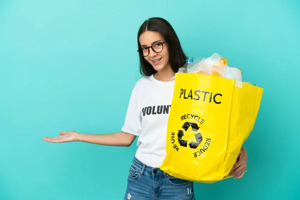 Young French Girl Holding Bag Full Plastic Bottles Recycle Extending — Stock Photo, Image