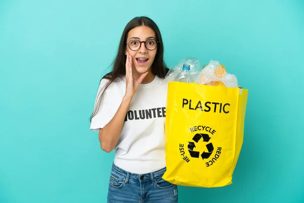 Young French Girl Holding Bag Full Plastic Bottles Recycle Surprise — Stock Photo, Image