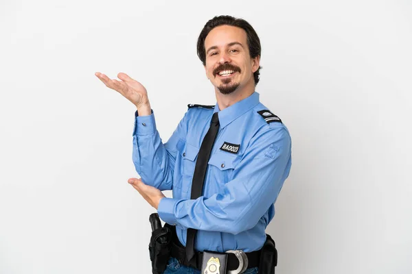 Молодий Поліцейський Над Ізольованим Фоном Білий Простягає Руки Бік Щоб — стокове фото
