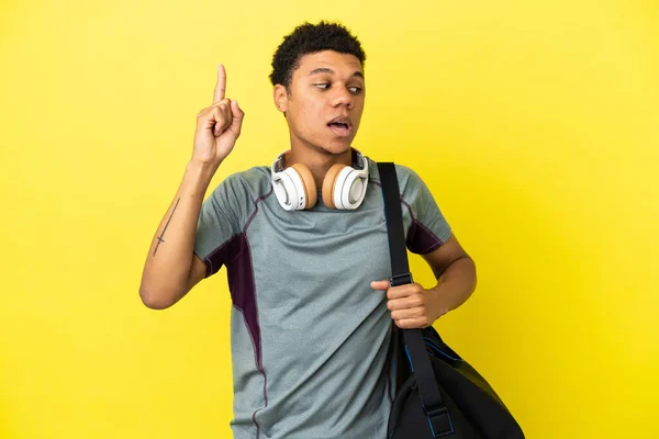 Young Sport African American Man Sport Bag Isolated Yellow Background — Stock Photo, Image