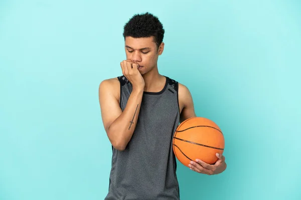 Basketball Player African American Man Isolated Blue Background Having Doubts — Stock fotografie