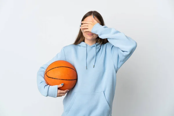Young Lithuanian Woman Playing Basketball Isolated White Background Covering Eyes — Stok Foto