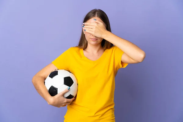 Young Lithuanian Football Player Woman Isolated Purple Background Covering Eyes — Stok Foto