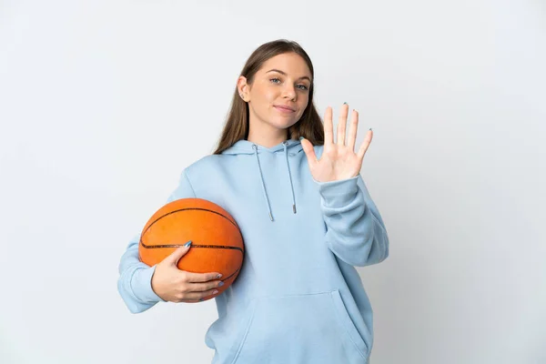 Young Lithuanian Woman Playing Basketball Isolated White Background Counting Five — Stock fotografie