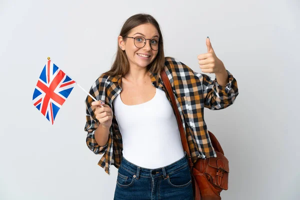 Mladá Litevka Drží Vlajku Spojeného Království Izolované Bílém Pozadí Dává — Stock fotografie
