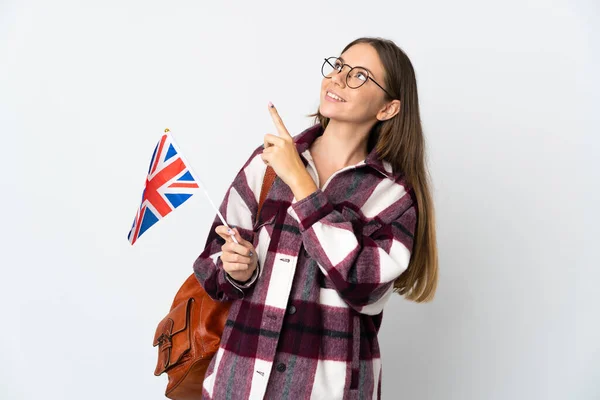 Young Lithuanian Woman Holding United Kingdom Flag Isolated White Background — Stok fotoğraf