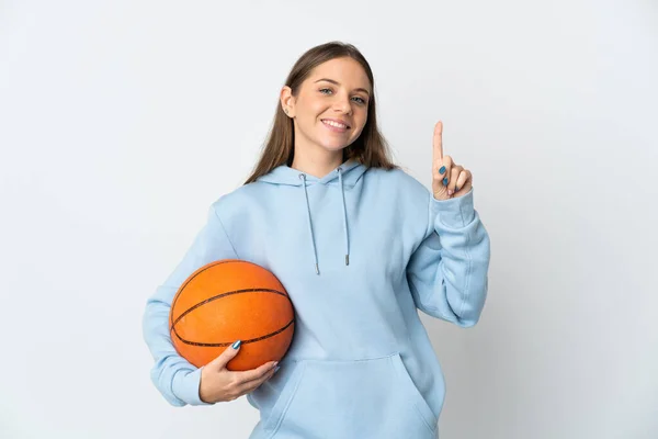 Young Lithuanian Woman Playing Basketball Isolated White Background Showing Lifting — ストック写真