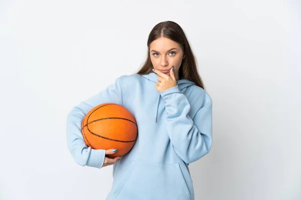 Young Lithuanian Woman Playing Basketball Isolated White Background Thinking — Stock Photo, Image