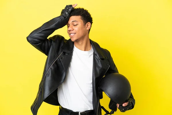 Young African American Man Motorcycle Helmet Isolated Yellow Background Has — Foto Stock