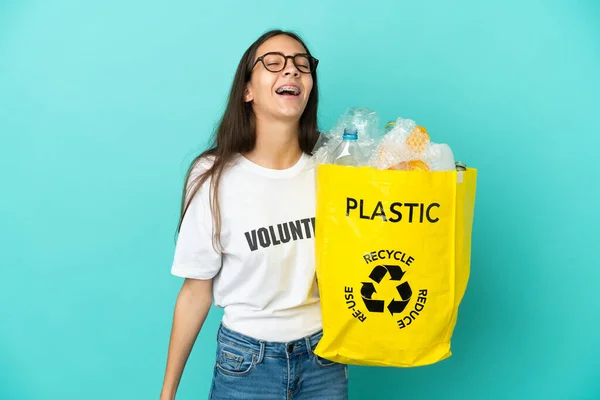 Young French Girl Holding Bag Full Plastic Bottles Recycle Laughing — Stock Photo, Image