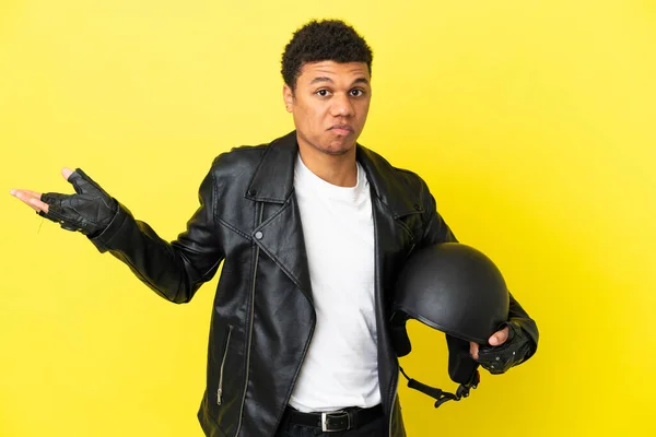 Young African American Man Motorcycle Helmet Isolated Yellow Background Having — Stok Foto