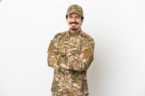 Soldat Man Isolerad Vit Bakgrund Hålla Armarna Korsade Frontalposition — Stockfoto