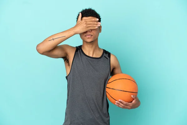 Basketball Player African American Man Isolated Blue Background Covering Eyes — Stock Fotó