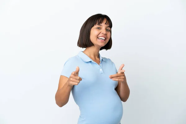 Pregnant Woman Isolated White Background Surprised Pointing Front — Foto Stock