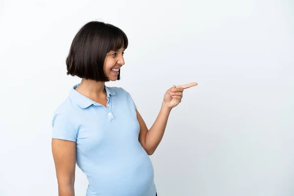 Pregnant Woman Isolated White Background Pointing Finger Side Presenting Product — ストック写真