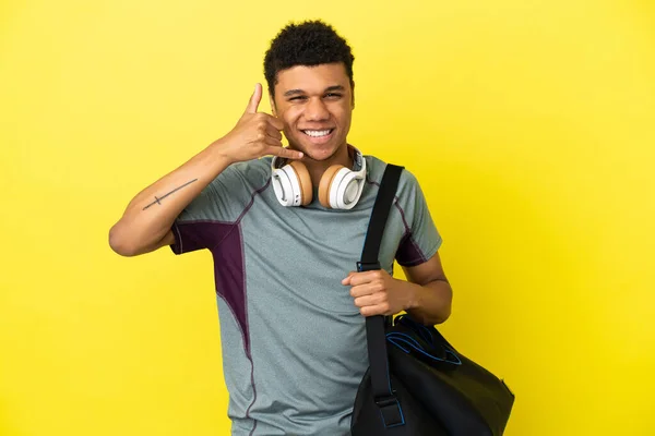 Young Sport African American Man Sport Bag Isolated Yellow Background — Fotografia de Stock