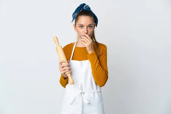 Young Lithuanian Woman Holding Rolling Pin Isolated White Background Happy — Photo