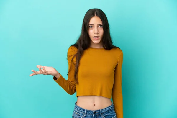 Young French Woman Isolated Blue Background Making Doubts Gesture — Stock Photo, Image