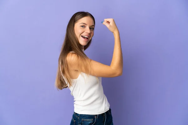 Young Lithuanian Woman Isolated Purple Background Doing Strong Gesture — Stock Photo, Image