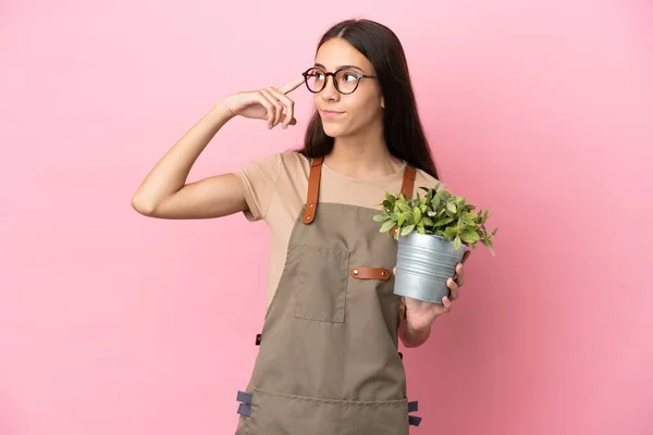 Jong Tuinman Meisje Houden Een Plant Geïsoleerd Roze Achtergrond Met — Stockfoto