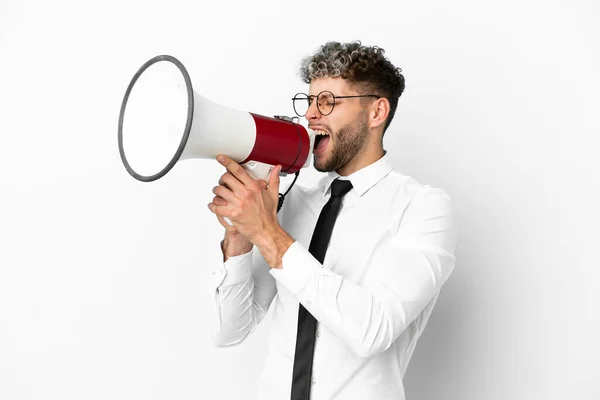 Zakelijke Blanke Man Geïsoleerd Witte Achtergrond Schreeuwen Door Een Megafoon — Stockfoto