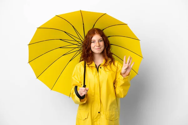 Tiener Roodharige Meisje Regenbestendige Jas Paraplu Geïsoleerd Witte Achtergrond Gelukkig — Stockfoto