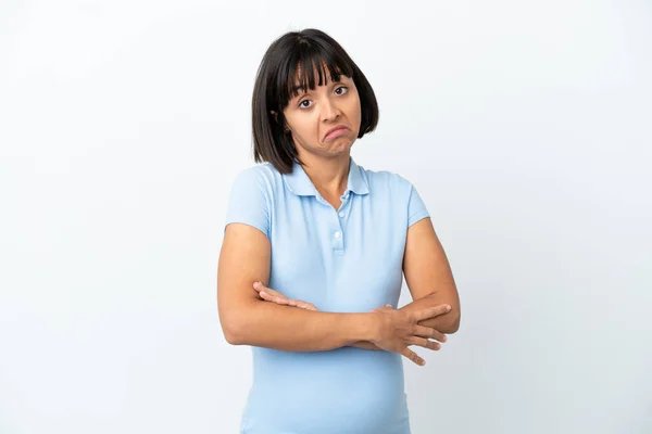 Pregnant Woman Isolated White Background Making Doubts Gesture While Lifting — Stok fotoğraf