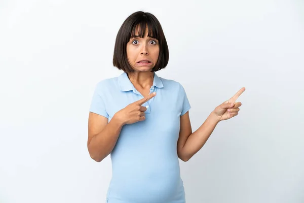 Pregnant Woman Isolated White Background Frightened Pointing Side — Stock fotografie